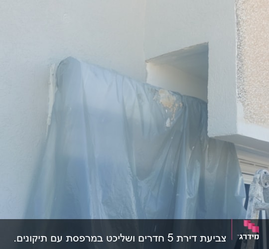 סולם ליד קיר צבוע עם יריעת פלסטיק להגנה